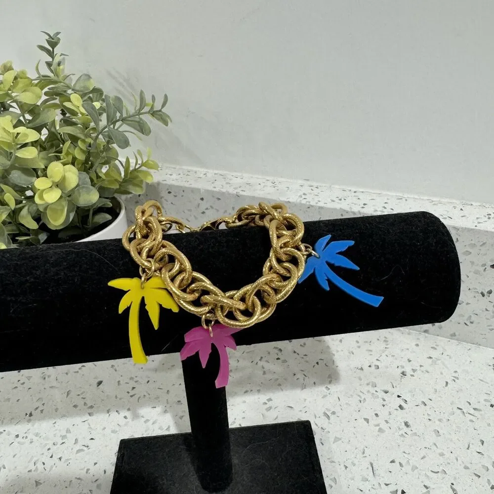 Gold Chain Chunky Link Bracket With Palm Tree Charms Cosmetic Tropical